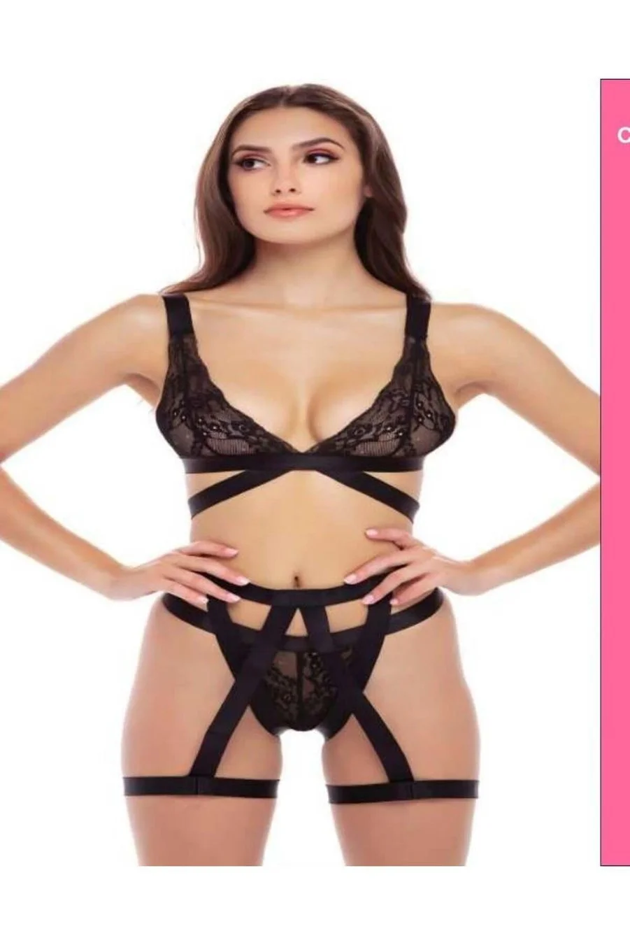 Siyah Dantelli Jartiyerli Harness Fantezi İç Giyim Seti
