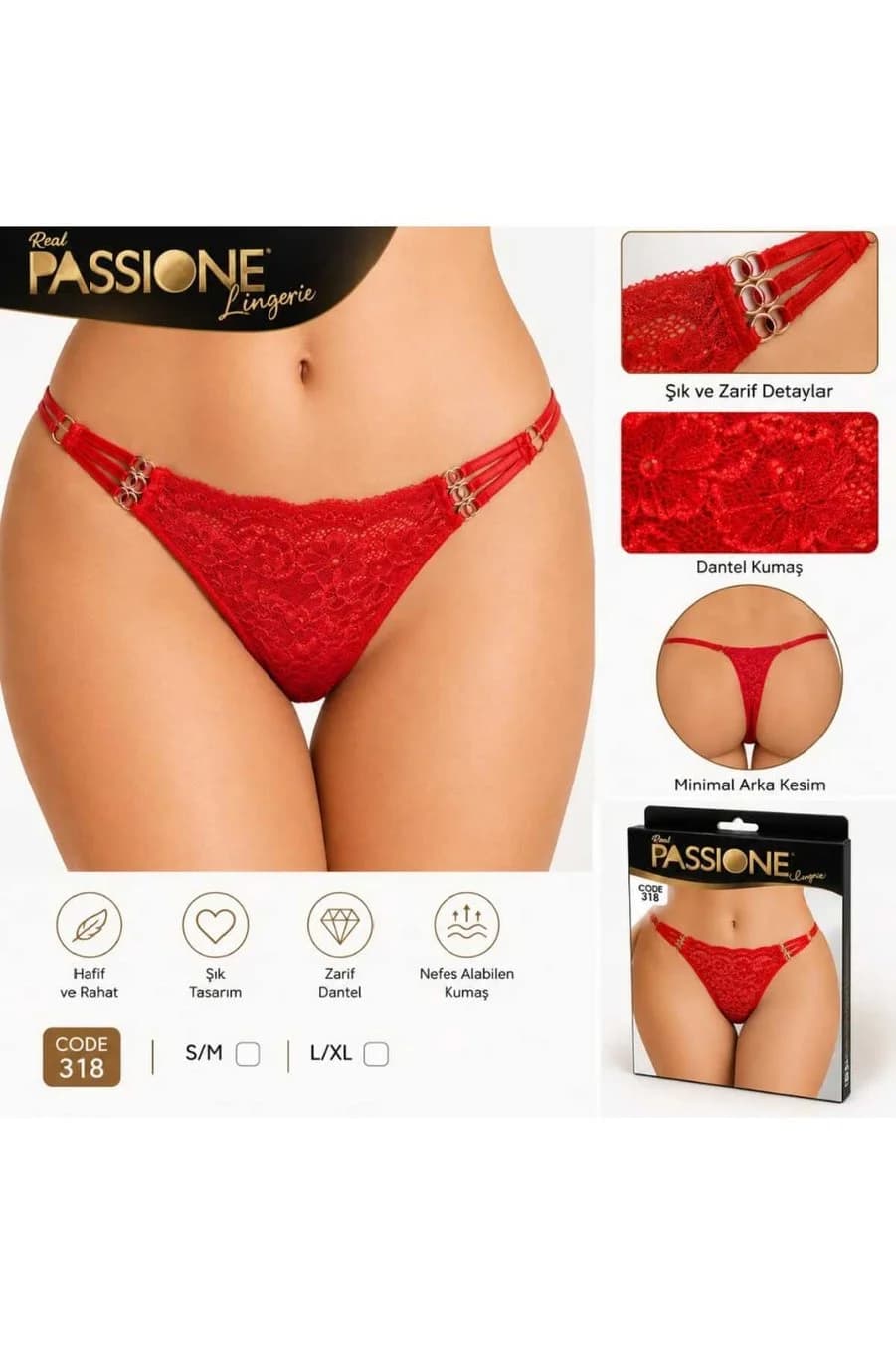Kadın Kırmızı Şeritli Metal Halkalı Dantelli G-String Tanga Külot