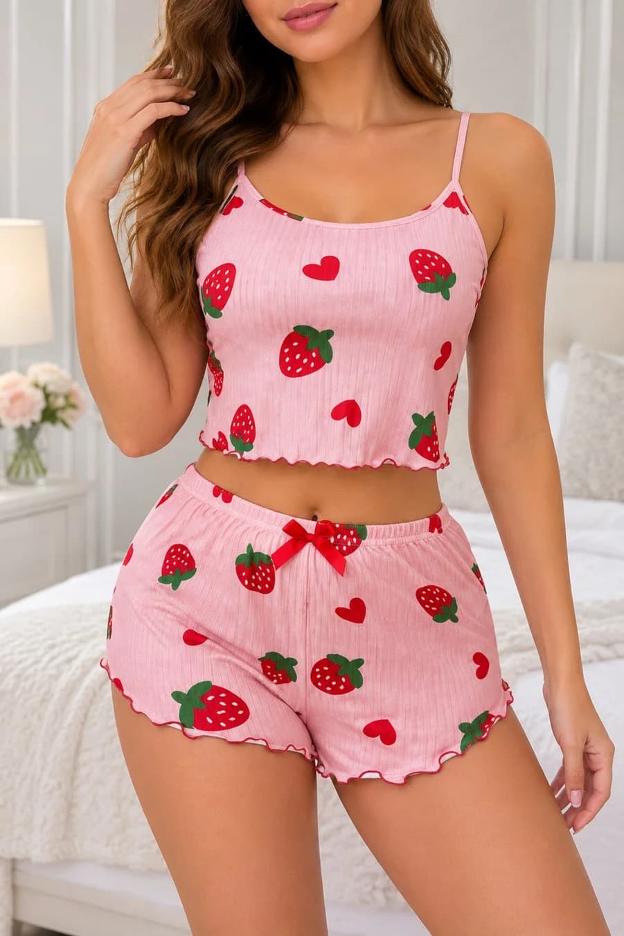 Kadın Pembe Çilek Kalp Desenli Askılı Şortlu Pijama Takımı