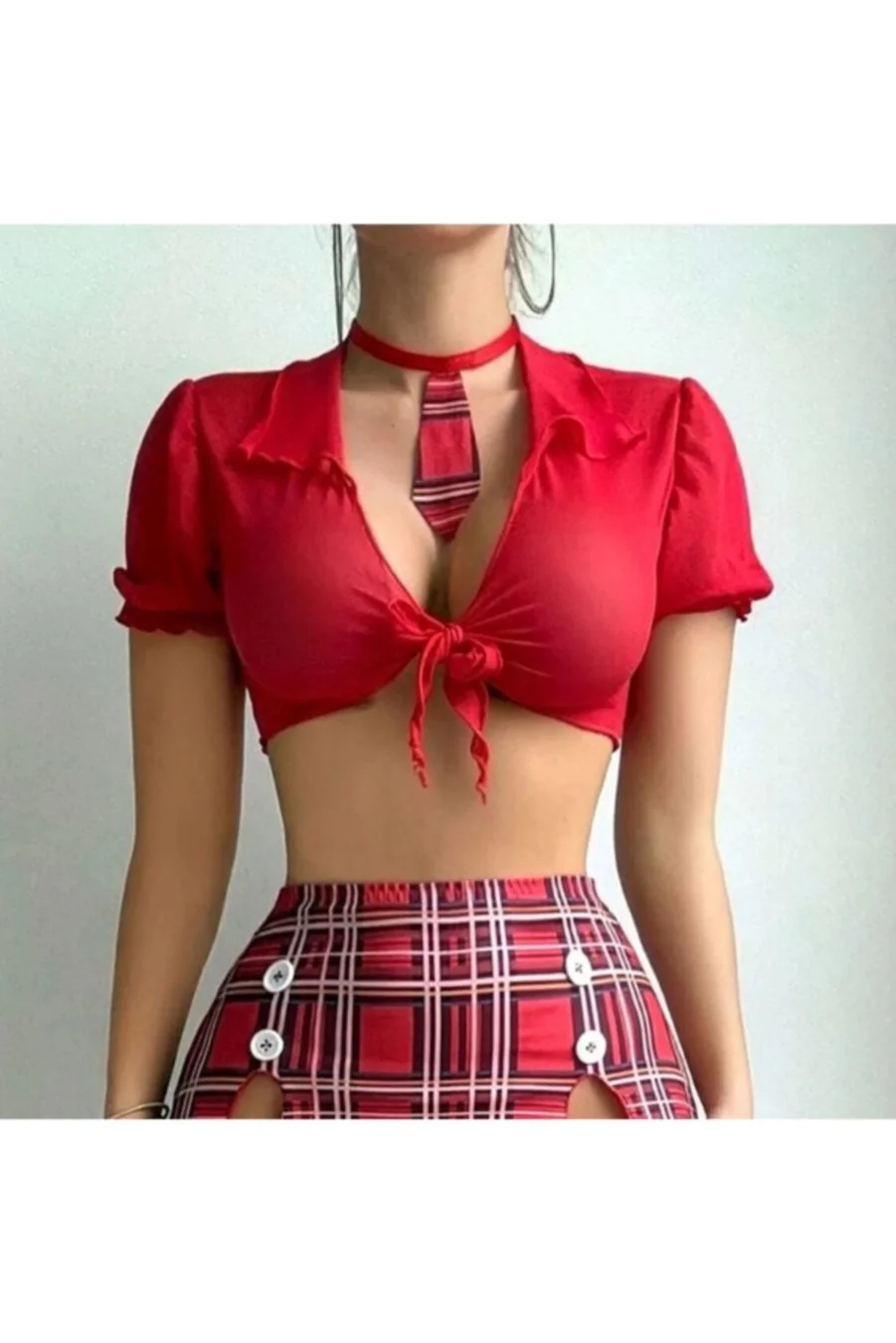 Kırmızı Ekose Mini Etekli Öğrenci Fantezi Kostüm Takımı